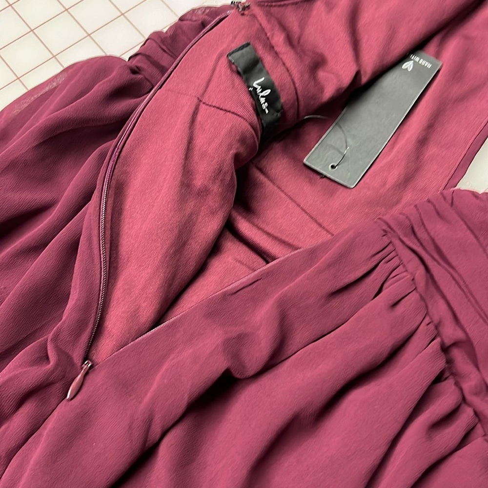 LULUS NWT Heavenly Hues Burgundy Evening/Bridesmaid V-Neck Goddess Maxi Dress M - Picture 9 of 16